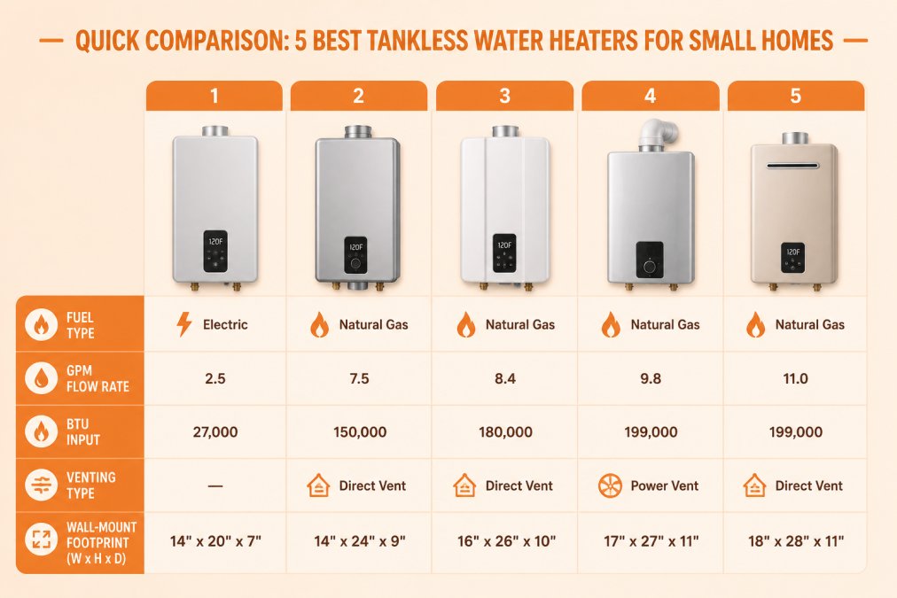 Feature comparison matrix of five tankless water heaters showing fuel type (electric vs natural gas), GPM flow rate, BTU input, venting type (direct vent vs power vent), and wall-mount footprint