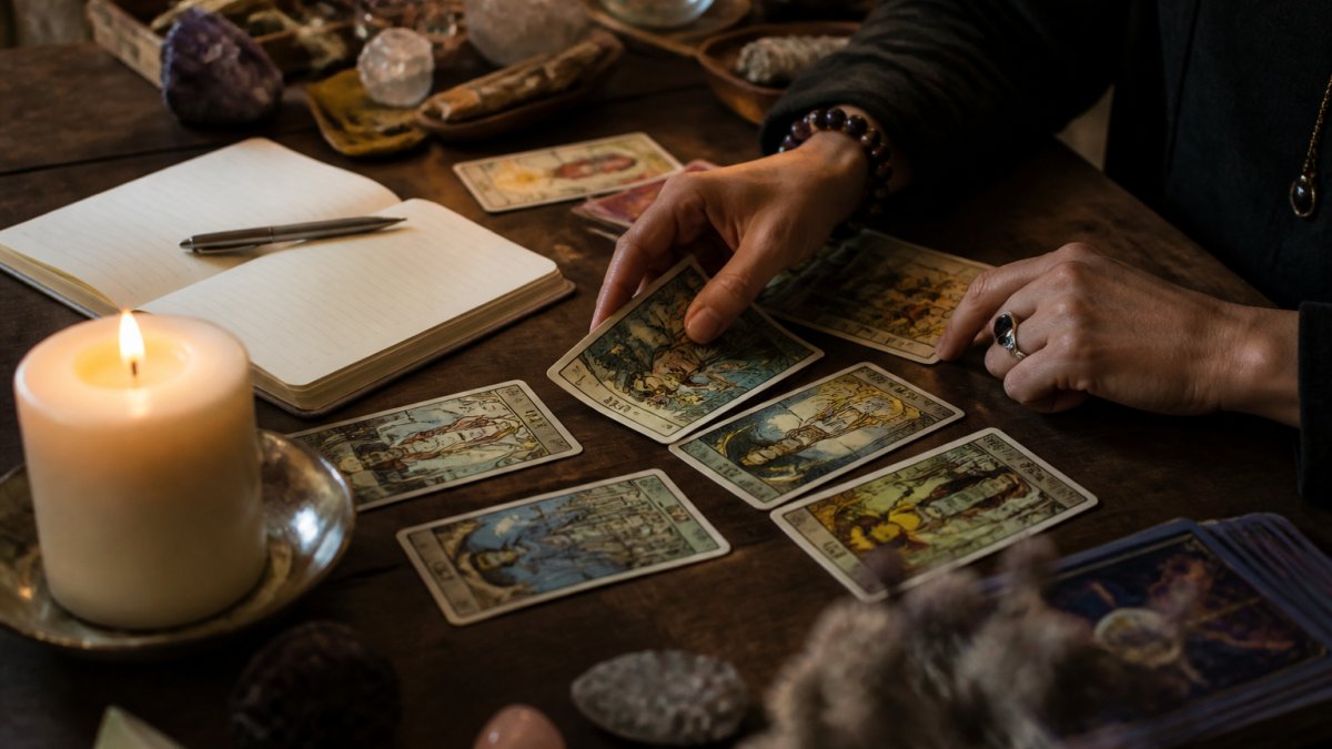 Step-by-step guide for arranging tarot cards and journaling during a shadow work reading by candlelight.