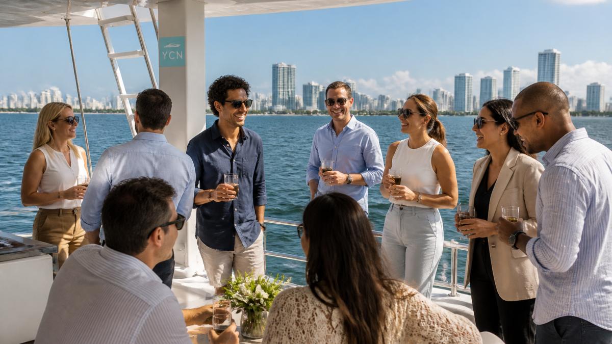 A diverse corporate team laughing and mingling on the deck of a catamaran in bright afternoon sunlight, with the ocean horizon and Miami skyline visible behind them, colleagues holding drinks and enjoying the open deck space