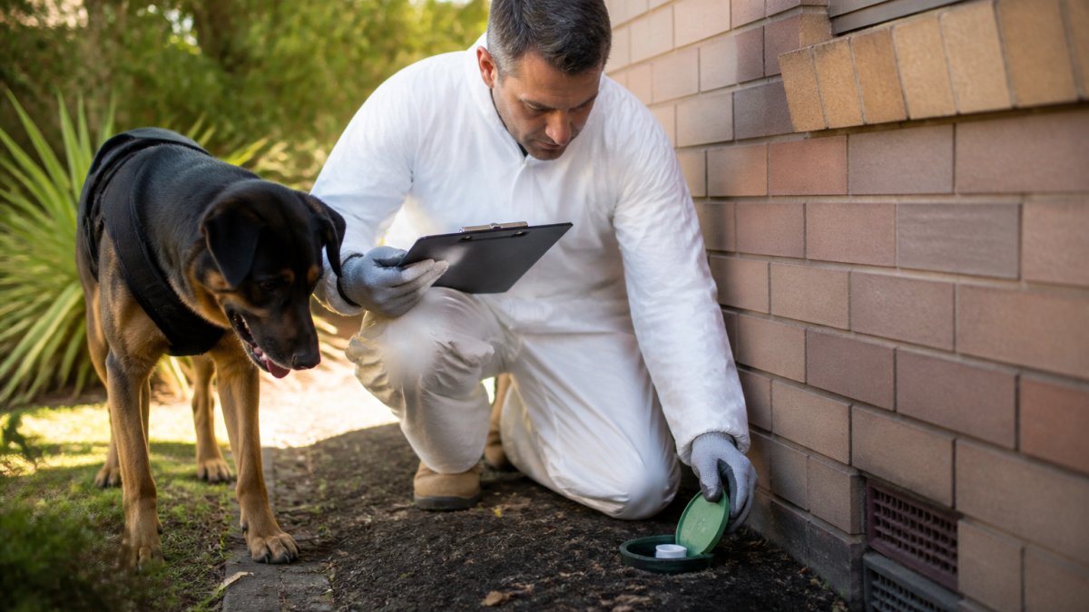 A pest control technician in white safety coveralls and gloves kneeling to inspect a plastic termite bait station set into garden soil beside a brick home, holding a monitoring clipboard, soft morning light