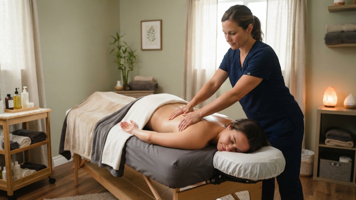 Licensed massage therapist performing therapeutic massage on a client's back in a calm, professional clinic setting with soft lighting, neutral wall colors, and a peaceful atmosphere