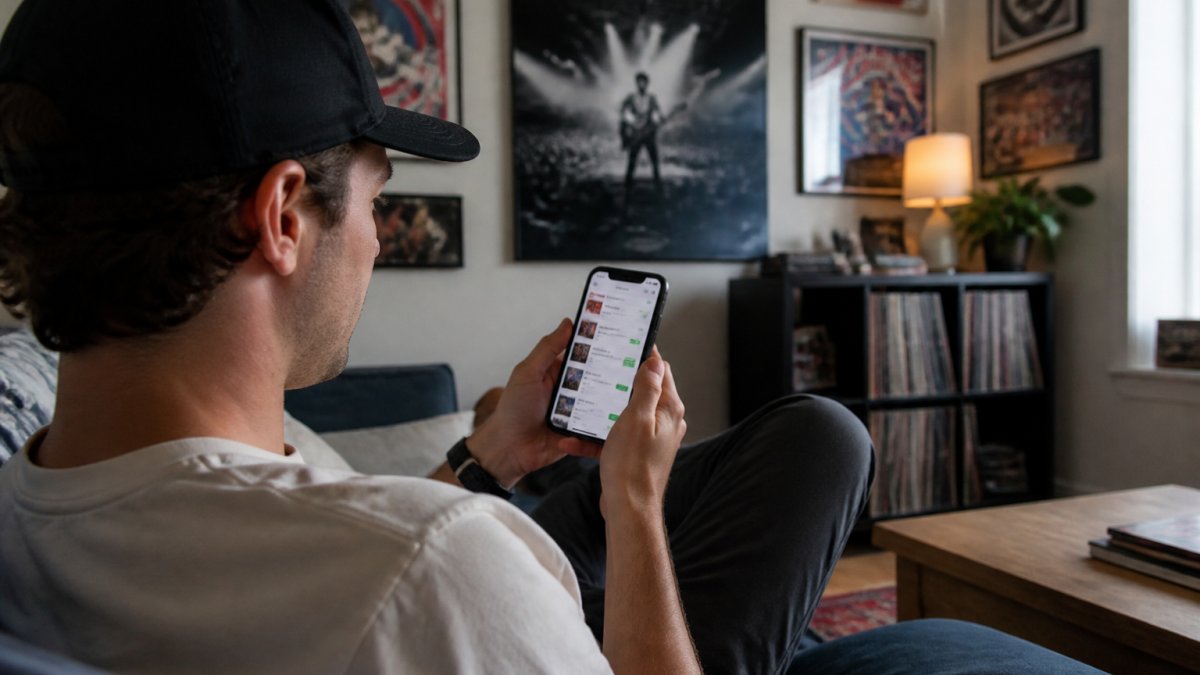 Person on smartphone comparing concert ticket options while sitting in a comfortable home setting with concert posters and memorabilia visible on the walls