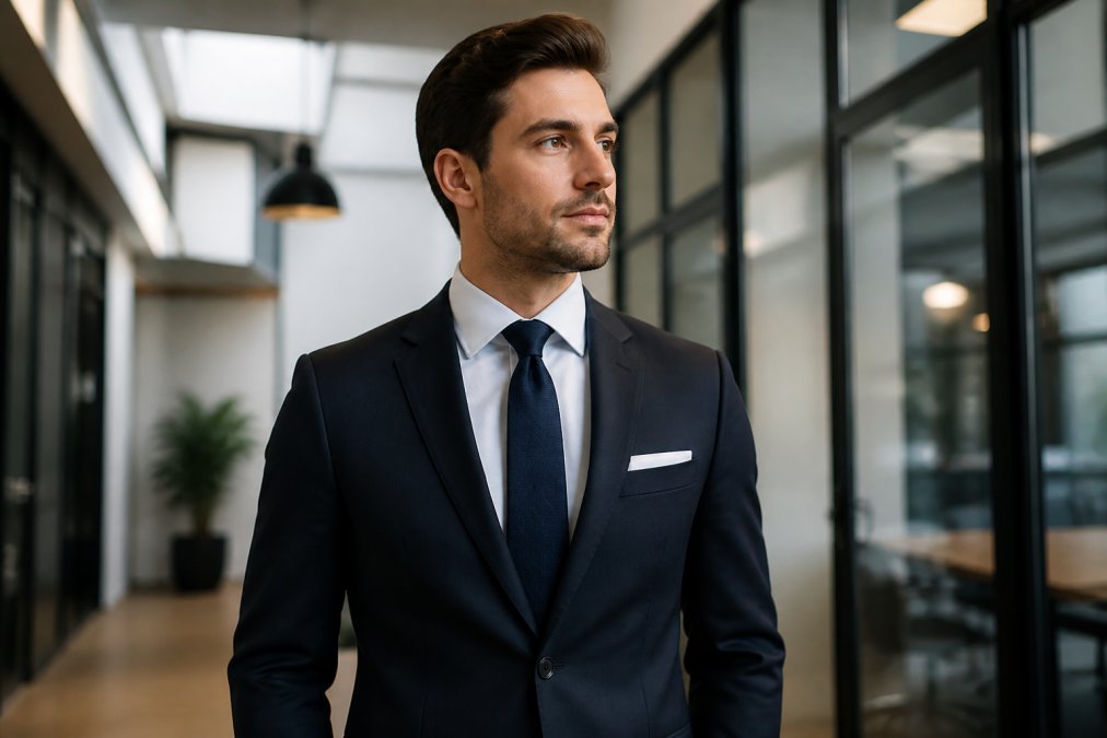 Professional businessman in tailored suit with perfectly tied necktie, demonstrating proper knot symmetry and dimple, standing in modern office environment with confidence