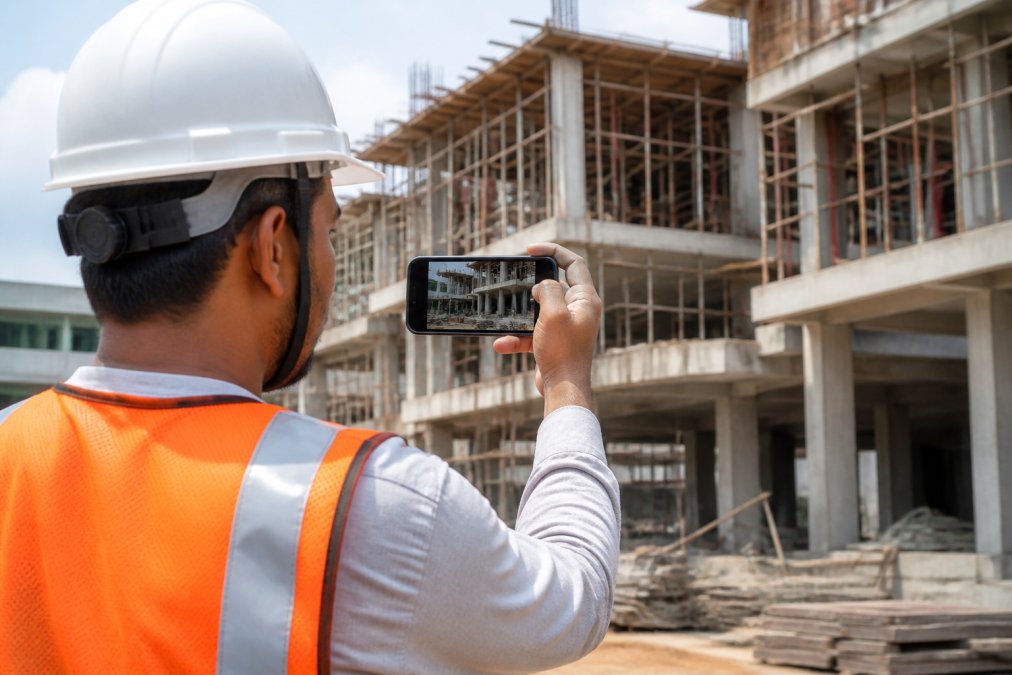 Field inspector in a safety vest using one of the 5 best timestamp camera apps for construction sites to document progress
