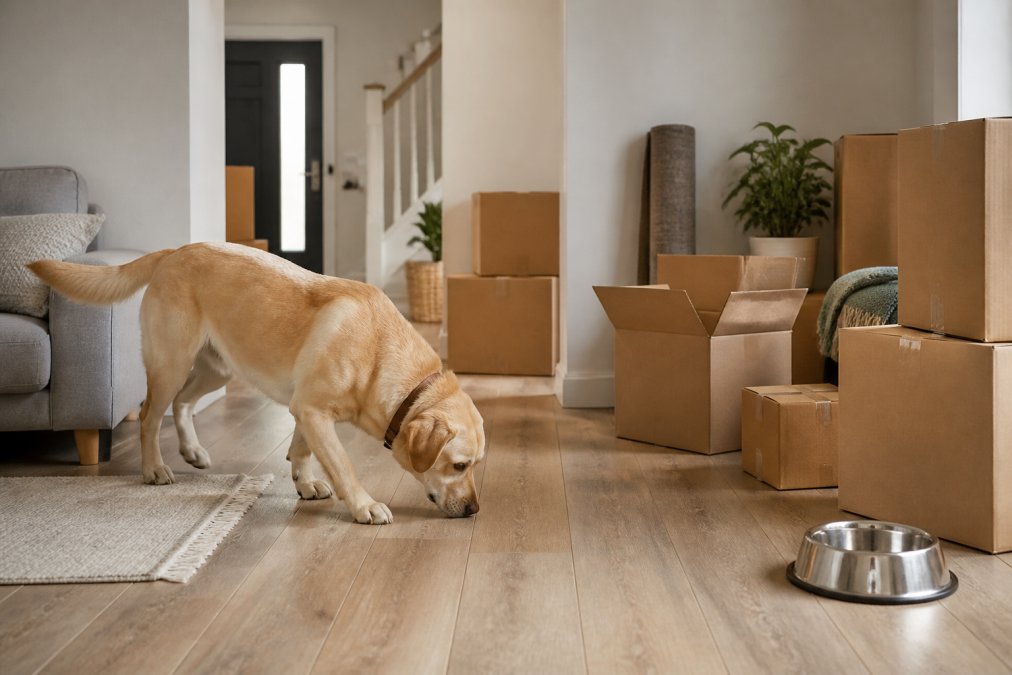 A dog sniffing around a bright, half-unpacked living room with cardboard boxes stacked in the corner and a water bowl on the floor