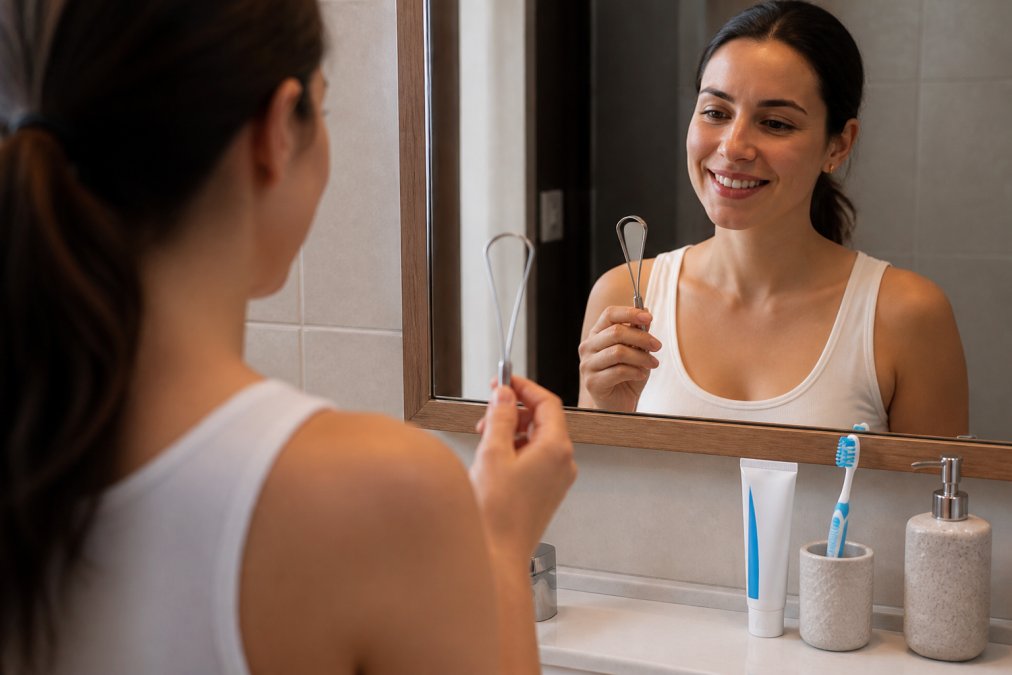 A close-up photo of a person holding a stainless steel tongue scraper in front of a bathroom mirror, with a toothbrush and toothpaste visible on the counter beside them