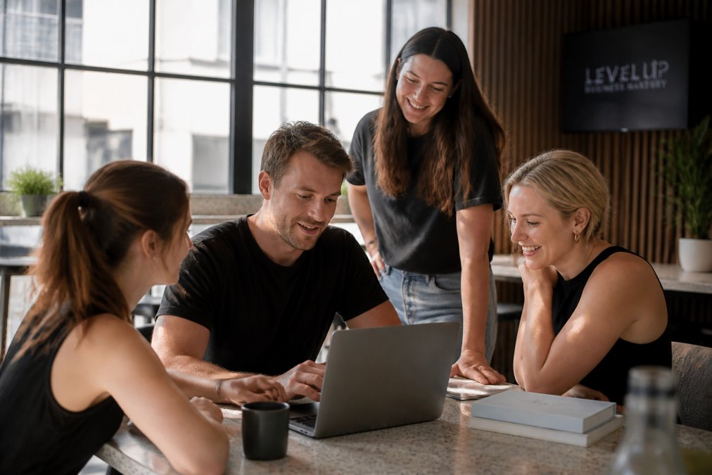 Service business owner reviewing automation workflow on laptop with team members collaborating in modern office space, natural lighting streaming through windows