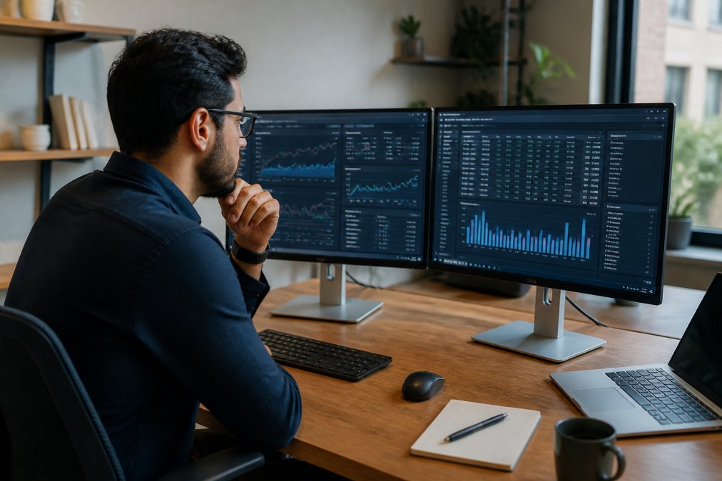Marketing professional reviewing SEO metrics on multiple monitors in a modern workspace, with analytics dashboards visible and detailed ranking data displayed