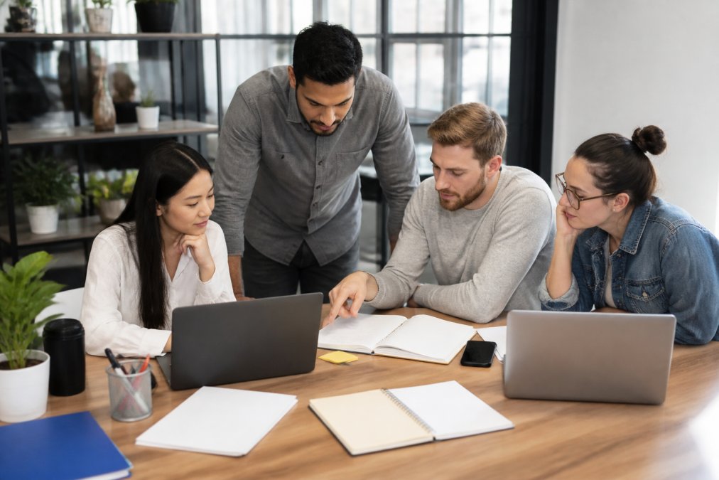 Team of SEO specialists collaborating around a desk with laptops and notebooks, analyzing ranking data together in a bright, modern office environment