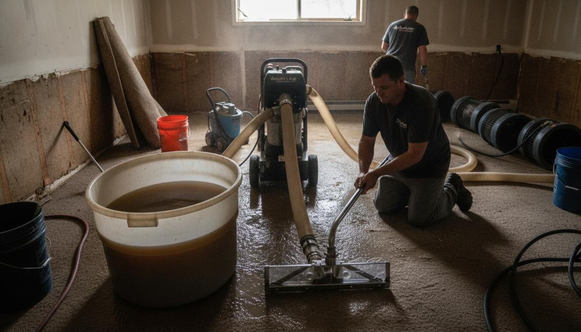 Professional restoration technician operating a large industrial water extractor on wet carpet in a flooded basement, with water flowing into a collection tank