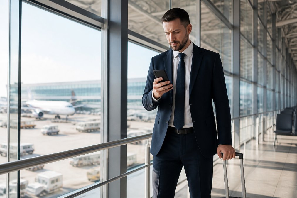 Business traveler checking a transportation app on their phone at an airport terminal before a chauffeured ride