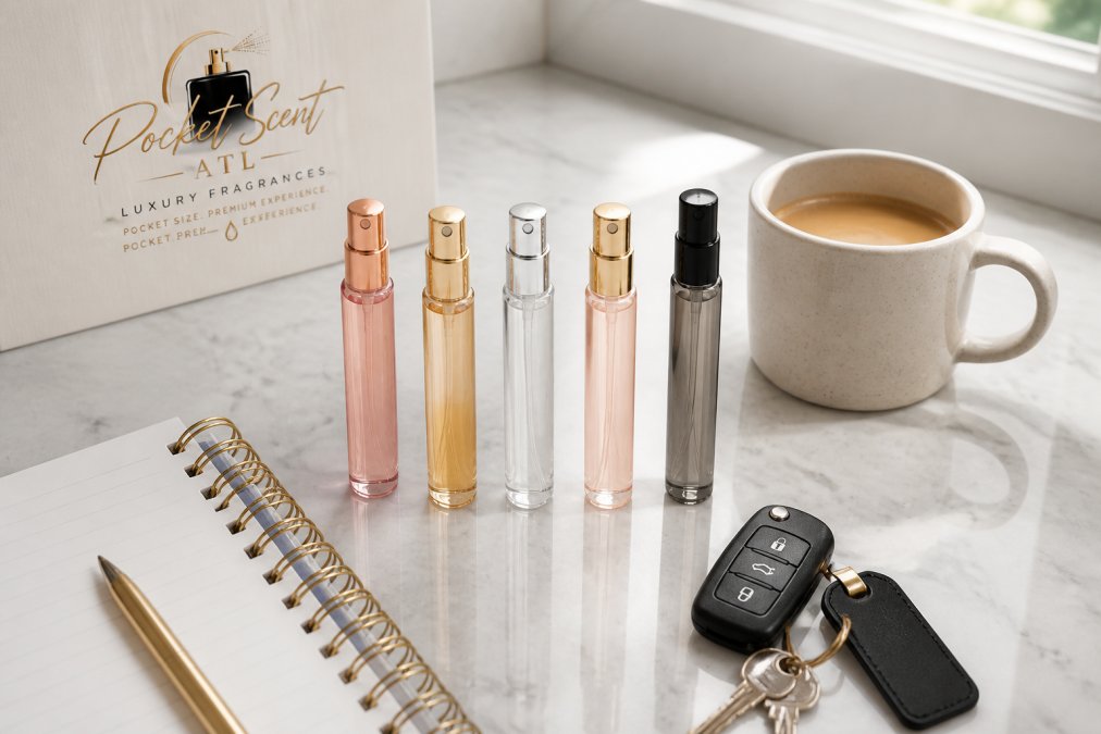 Flat lay of five small travel spray bottles on a light marble bathroom counter beside a notebook, coffee cup, and set of keys, morning light through a window