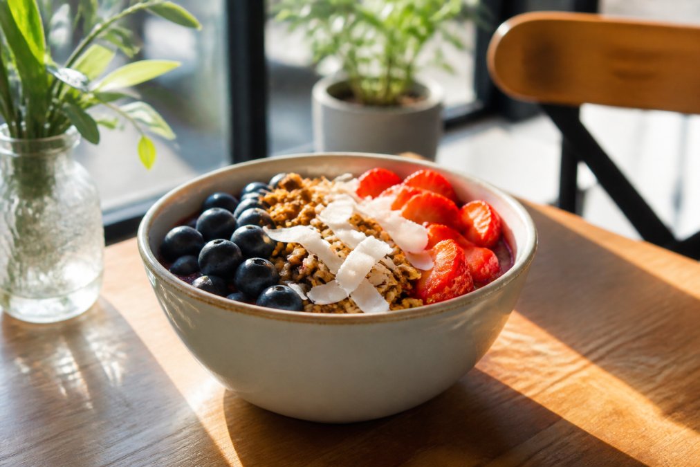A vibrant acai bowl topped with granola, fresh blueberries, sliced strawberries, and coconut flakes, served in a ceramic bowl on a wooden cafe table with natural sunlight streaming through large windows