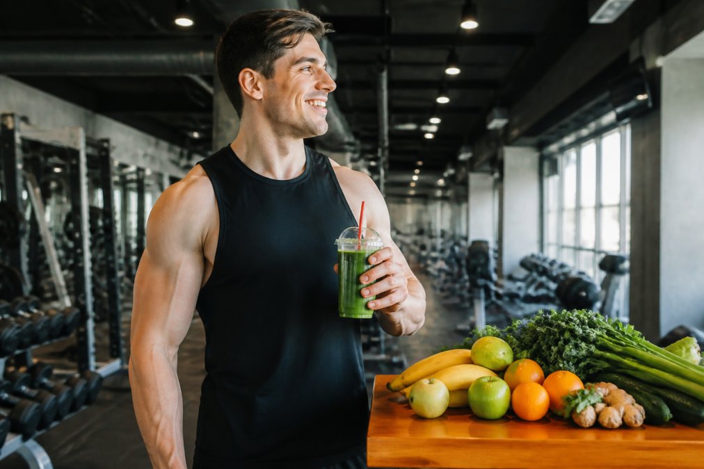 A muscular person in athletic wear holding a vibrant green smoothie in a modern gym setting, with fresh fruits and vegetables arranged on a table nearby, bright gym lighting overhead