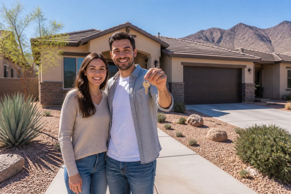 A young couple standing in the driveway of a newly purchased single-story home in a Las Vegas suburb, holding keys and smiling, with desert landscaping and mountains in the background