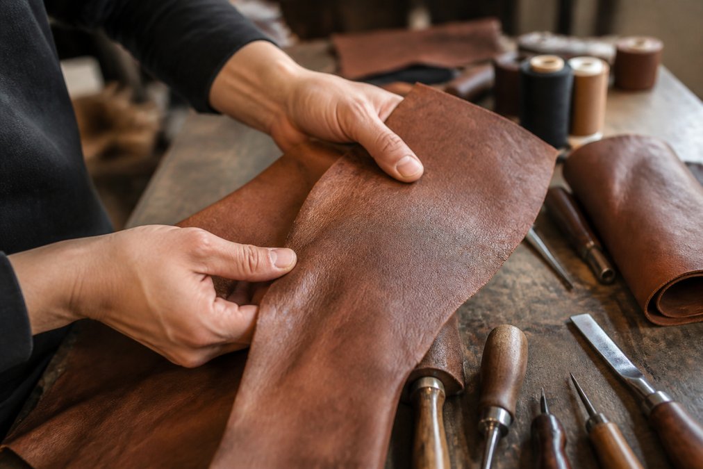Close-up of hands examining the textured surface and natural grain patterns of genuine leather, with visible natural markings and subtle color variations under natural lighting