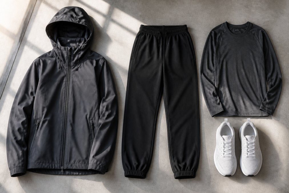 Flat lay of urban outdoor clothing on a neutral concrete surface: a charcoal technical shell jacket, black joggers, a moisture-wicking base layer, and clean white sneakers, arranged side by side under soft natural window light