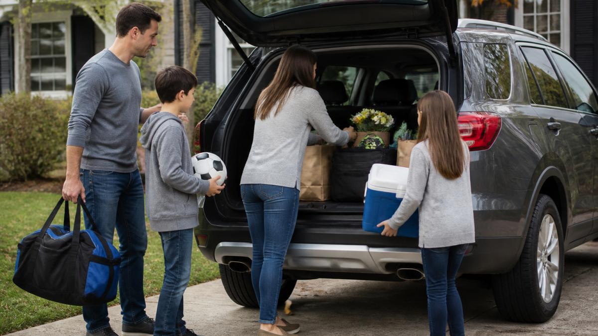 Family of four loading groceries and sports equipment into an open SUV trunk, showing real cargo space and accessibility