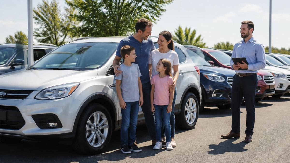 A family of four standing next to a silver used SUV in a dealership lot, with a salesperson holding a clipboard and smiling in the background on a sunny day