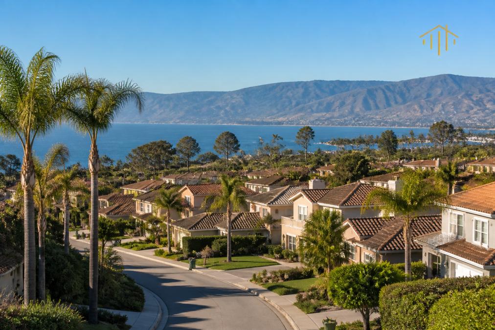 A scenic overview of a coastal Ventura County neighborhood with rolling hills in the background and a mix of single-family homes under a clear blue sky