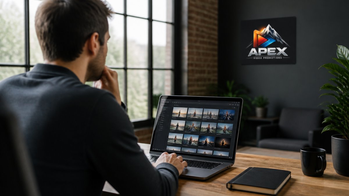 Startup founder reviewing video content on laptop screen with promotional video thumbnails visible, in modern office workspace with natural light