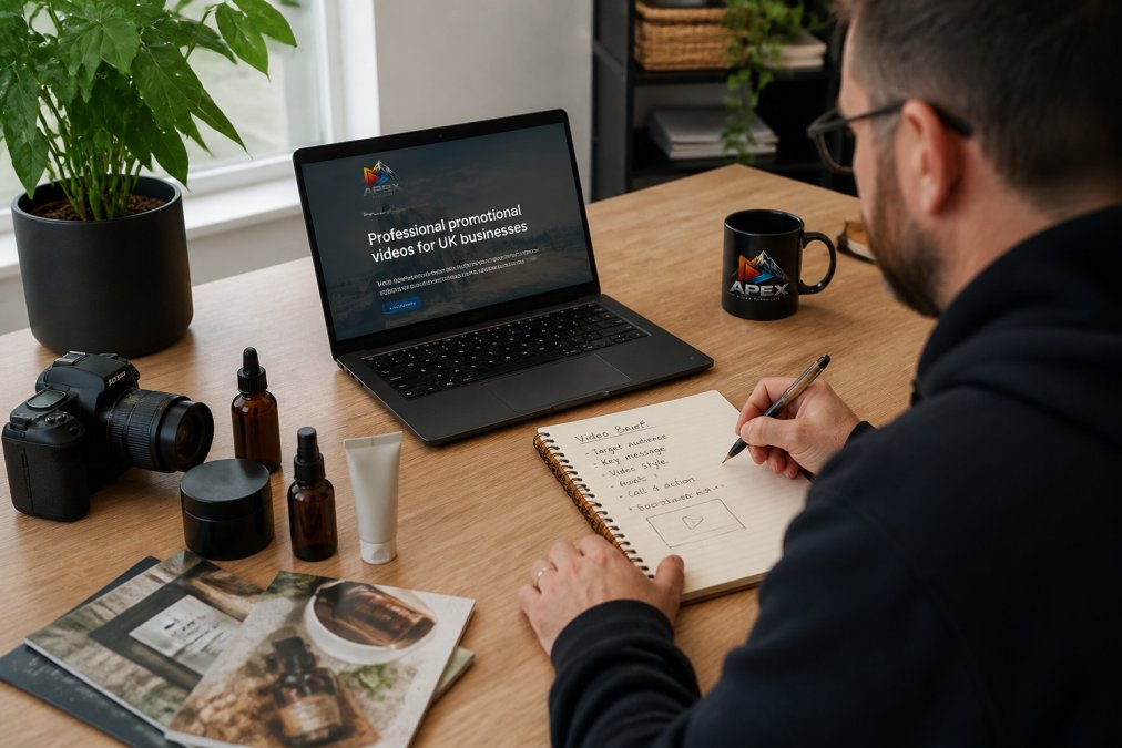 Small business owner sitting at desk with laptop displaying website, notepad with video brief notes, product samples and marketing materials visible, natural office lighting