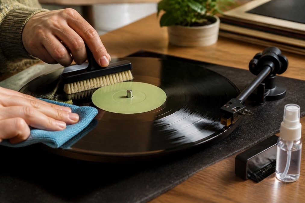 Hands carefully using a microfibre cloth and soft-bristled brush on a vinyl record, showing proper technique with grooves visible in natural light