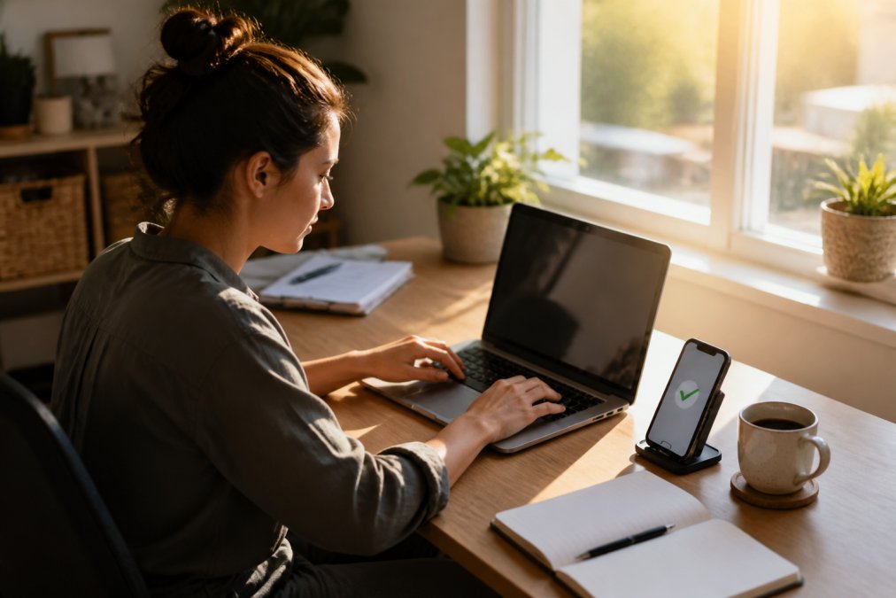 Remote worker entering customer payment details into a virtual terminal on a laptop at a sunny home desk