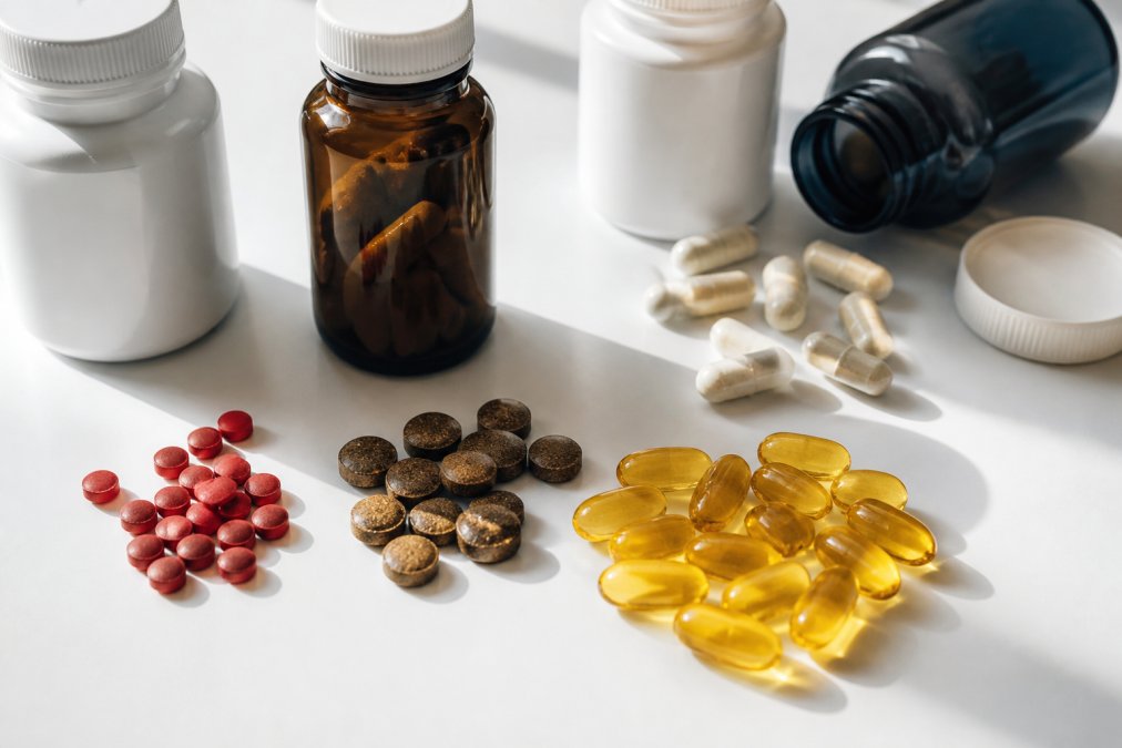 Close-up of vitamin tablets and capsules arranged on a bright white surface with natural morning light, showing B12 red tablets, iron supplements, magnesium capsules, and NAD+ bottles in their packaging