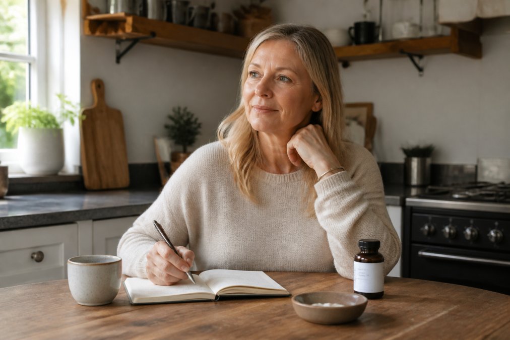 A woman in her late 40s sitting at a kitchen table with a notebook, a cup of tea and a daily supplement pot beside her, looking calm and focused in soft morning light