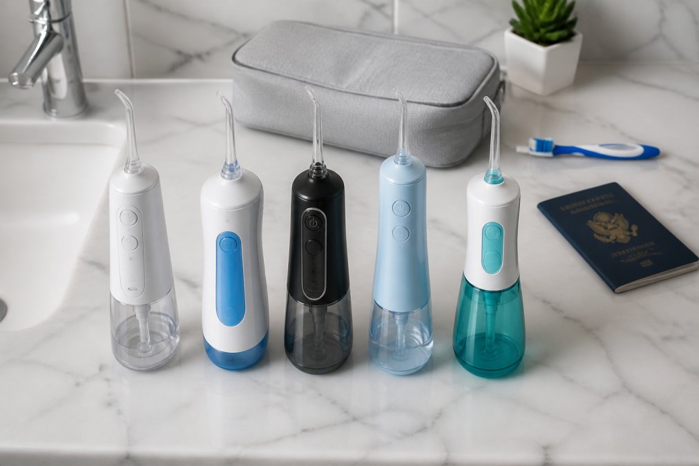 A neat flat-lay of five different portable water flossers arranged on a marble bathroom counter, with a travel case, toothbrush, and passport visible in the background, natural daylight