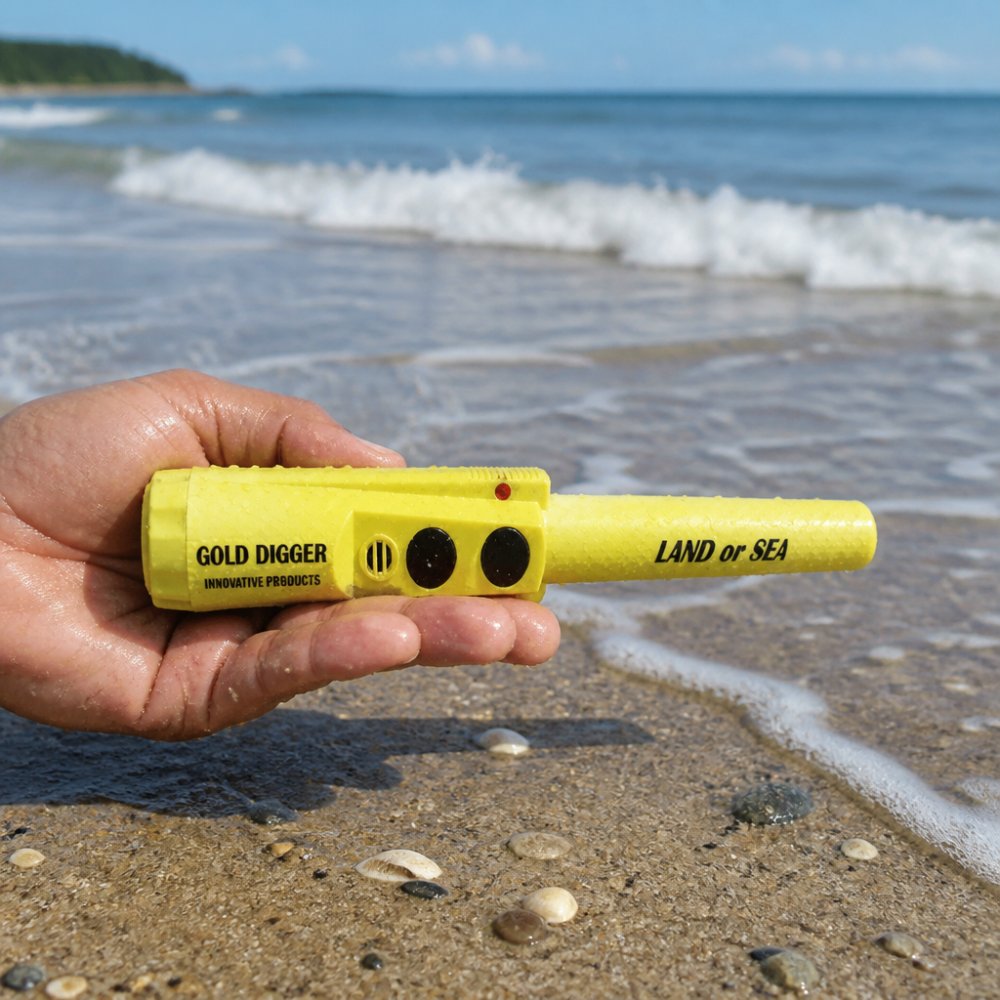 Close-up of a DetectorPro Land or Sea waterproof pinpointer being held in a hand on wet sand with ocean waves and beach horizon visible in the background