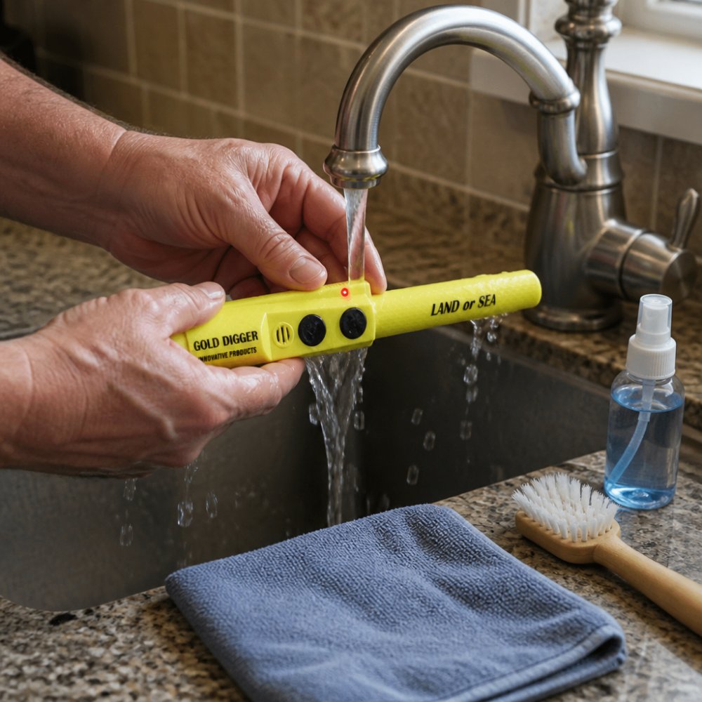 Hands rinsing a waterproof pinpointer under fresh running water from a faucet, with a soft cloth and cleaning supplies visible on the counter nearby