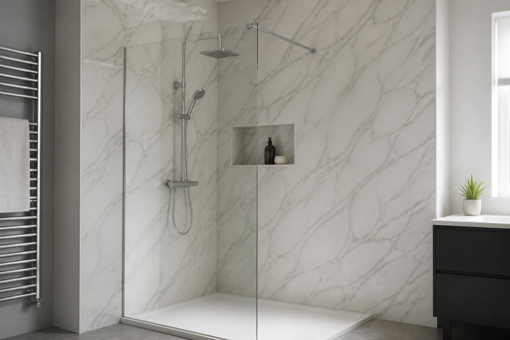 A bright modern bathroom with large marble-effect waterproof wall panels installed in a walk-in shower, showing a seamless grout-free finish and a chrome shower fixture