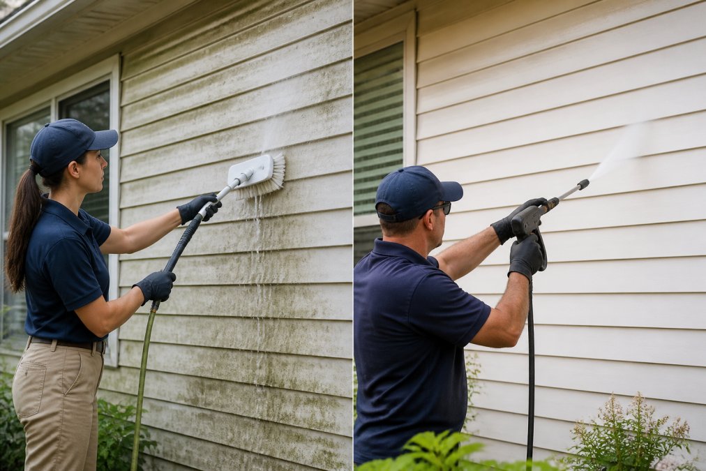 Professional using soft-bristled brush with low-pressure water spray on vinyl siding, demonstrating controlled, delicate cleaning technique with fine mist in morning light