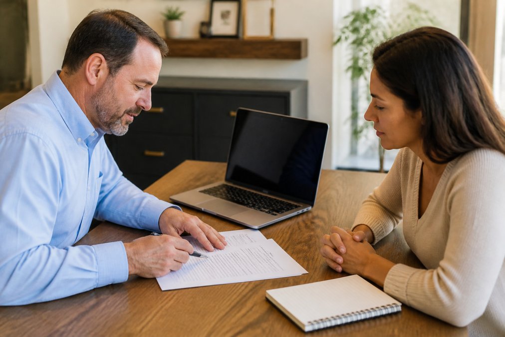 A friendly insurance agent and a homeowner reviewing policy documents together at a desk, with a laptop showing a quote comparison and a notepad nearby