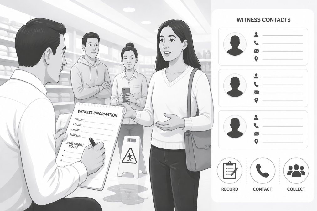 Person writing down information on a legal pad while speaking with a witness at an accident scene in a retail environment, showing detailed note-taking in action with multiple witnesses nearby