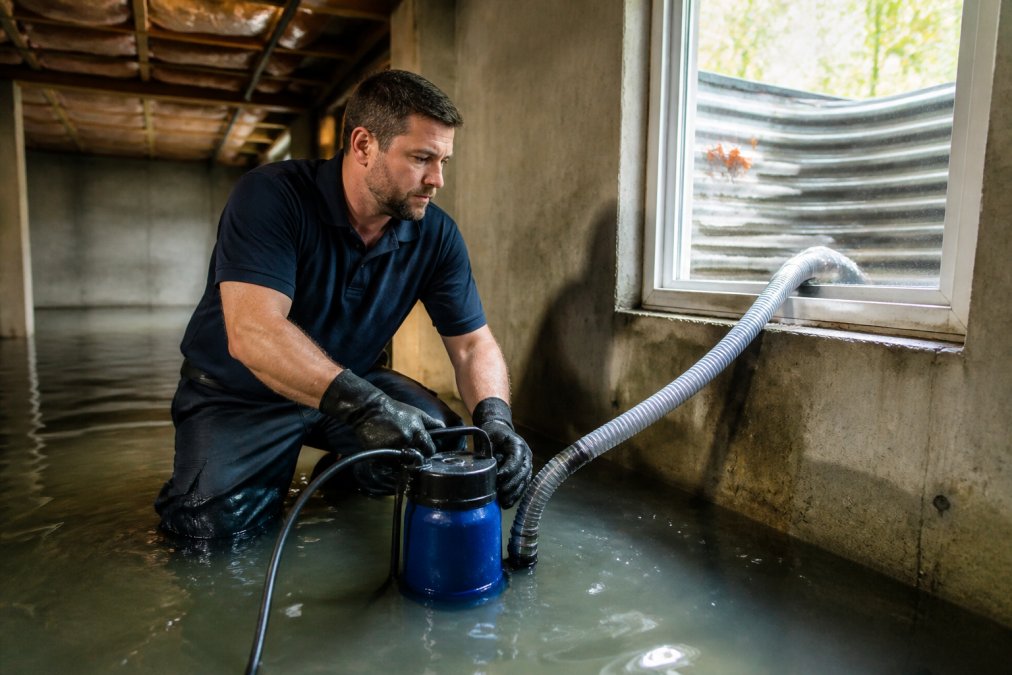 Professional restoration technician operating a submersible pump in a flooded basement, directing water through a discharge hose toward a window or sump basin, with water actively flowing