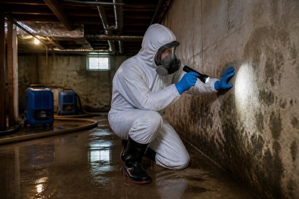Professional restoration worker wearing complete personal protective equipment including respirator mask, protective suit, gloves, and boots while inspecting water-stained basement wall with flashlight