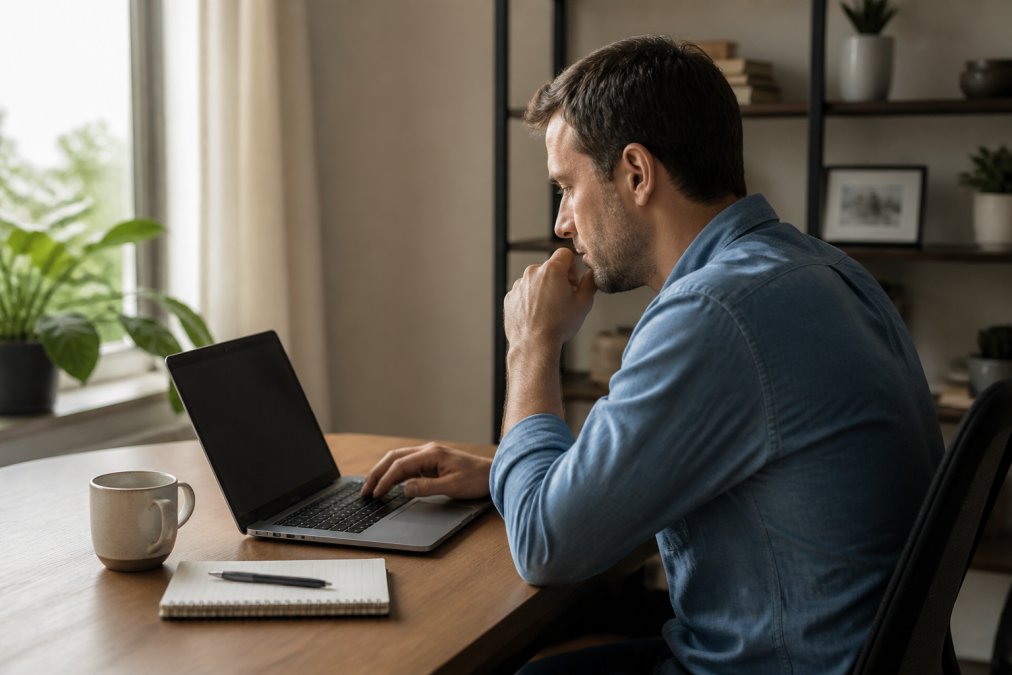 A professional in a home office reviewing business listings on a laptop, with a notepad and coffee cup on the desk beside them