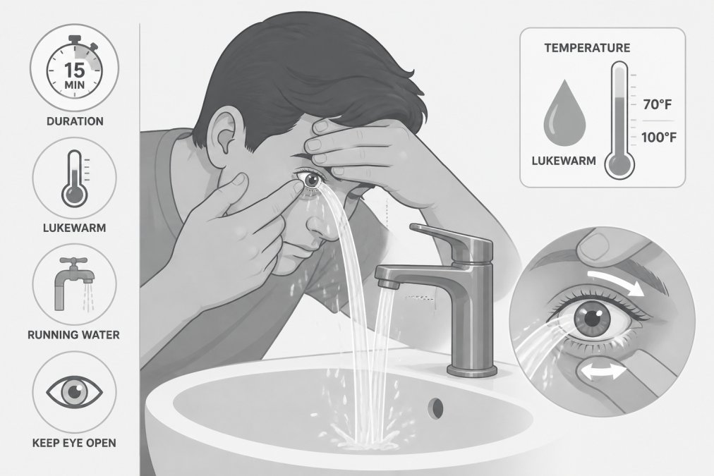 Person leaning over bathroom sink with eyelid held open, rinsing eye under running lukewarm tap water, hands positioned carefully to direct steady water flow across the eye surface