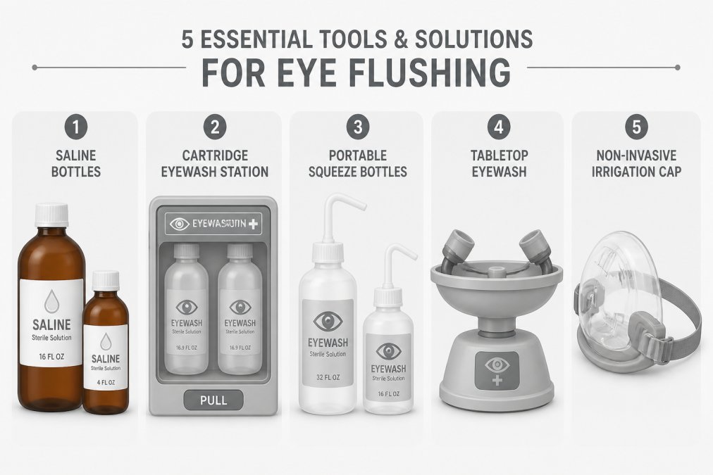 Flat lay arrangement of five eyewash products displayed on clean white surface: amber saline bottles, sealed cartridge eyewash station, portable squeeze bottles, tabletop eyewash device, and non-invasive irrigation cap, showing variety of product types