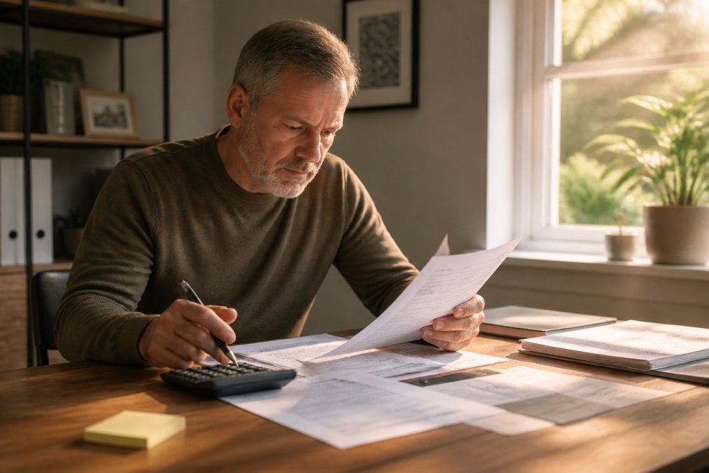 Property owner reviewing official tax notice documents at a desk with a calculator and pen, natural afternoon lighting streaming through office window