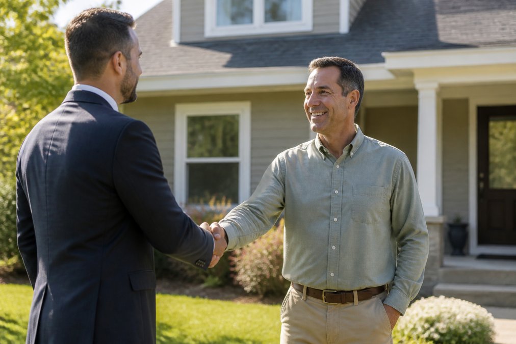 Real estate agent and homeowner shaking hands in front of a residential home during a property transaction, professional attire, afternoon sunlight