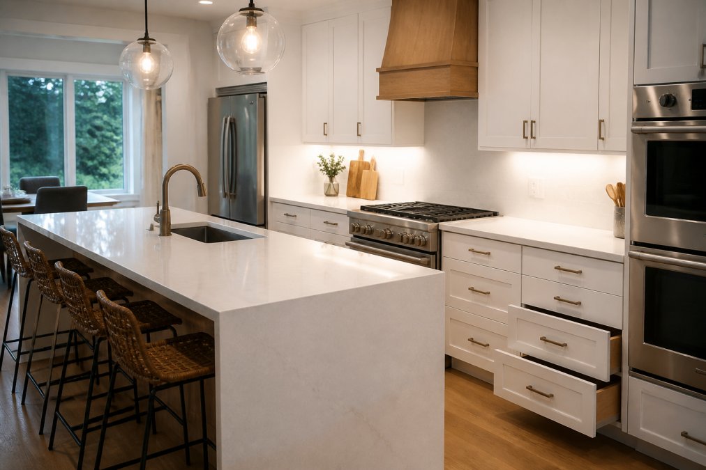 Modern kitchen with updated cabinetry featuring soft-close drawers, stainless steel appliances, quartz countertops with waterfall edge, and bright under-cabinet LED lighting in contemporary residential home