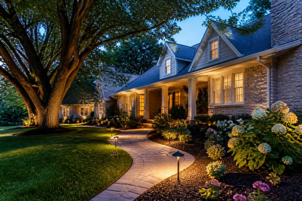 Residential home exterior with manicured lawn, mature trees with healthy canopy, fresh dark mulch in garden beds, flowering shrubs along foundation, new black metal landscape lighting fixtures illuminating pathway at dusk