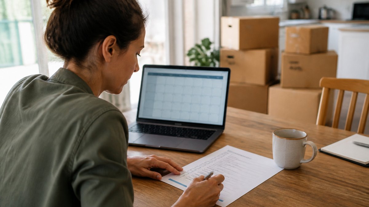 A person sitting at a kitchen table with a printed moving checklist, a pen, and a laptop open to a calendar app, moving boxes visible in the background of a bright home