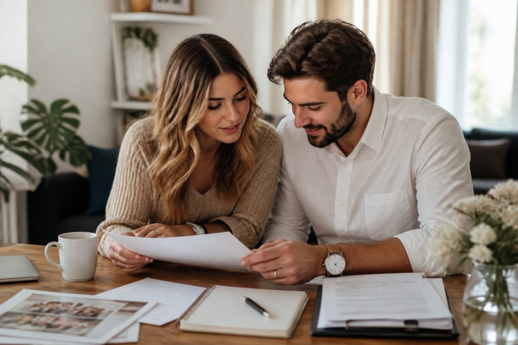 Engaged couple sitting at a desk with a laptop and notebook, reviewing vendor contact information and contracts together in natural daylight