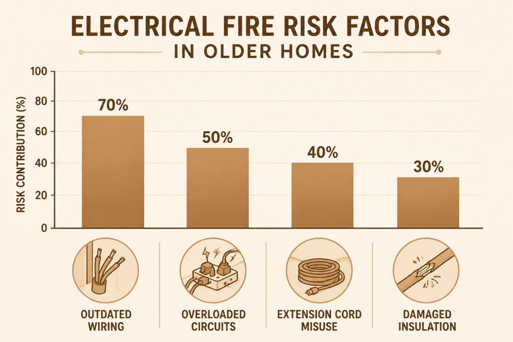 Bar chart comparing electrical fire risk factors in older homes: outdated wiring 70%, overloaded circuits 50%, extension cord misuse 40%, damaged insulation 30%