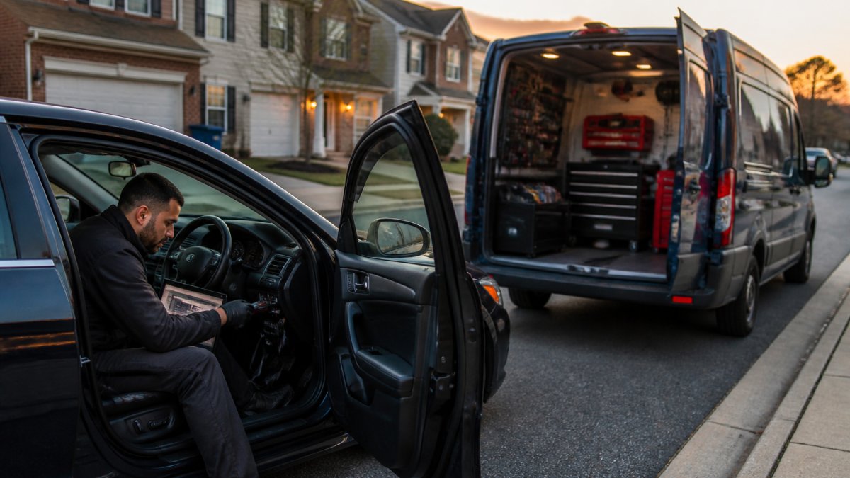 A mobile automotive locksmith in a marked service van programming a key fob with a laptop connected to a car's OBD port, parked in a Northern Virginia suburban neighborhood at dusk